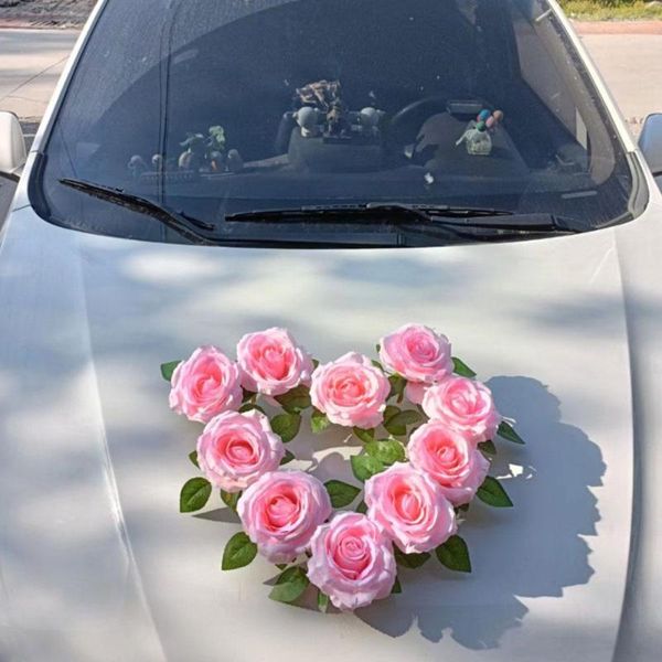 Fleurs décoratives Rose blanche fleur artificielle pour la décoration de voiture de mariage poignée de porte de mariée ornement rubans soie