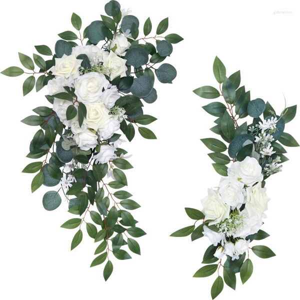 Fleurs décoratives Rose blanche fleur artificielle fond de mariage arc signe de bienvenue suspendu coin couronne de soie extérieur mur porte décoration