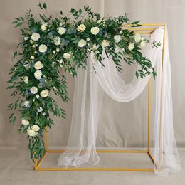 Decoratieve bloemen Wit Rose Camellia Kunstmatige hoek Bloem Groene Willow Bladeren Hang Rij Rij Bruiloft Backdrop Arch Decor Party Schikken rekwisieten