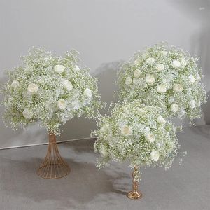 Decoratieve bloemen White Rose Road Lead Flower Ball Wedding Achtergrond Decor Babybreath Floral Row Table Centerpieces Party Props