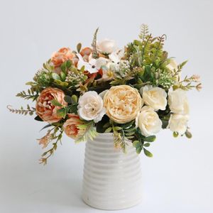 Fleurs décoratives Blanc Soie Artificielle Rose Pivoine Fleur De Mariage Maison Automne Décoration DIY Haute Qualité Grand Bouquet De Luxe Faux Arr
