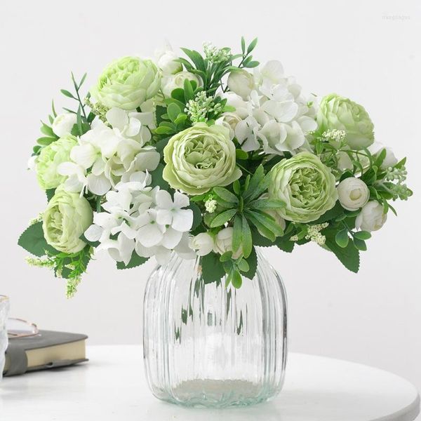 Fleurs décoratives Bouquet de soie blanche Forêt artificielle Hortensia Pivoine Bud Mariage Mariée Main Bouquets Maison Jardin Bureau Fausse Fleur