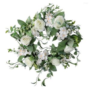 Flores decorativas Seda blanca Hidrangea Floral Puerta de la corona colgante Adornos de guirnaldas para la fiesta del jardín Decoración del hogar