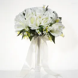 Fleurs décoratives Bouquet de mariage blanc avec ruban de Satin de soie mariée demoiselle d'honneur tenant des Roses accessoires de fleurs artificielles