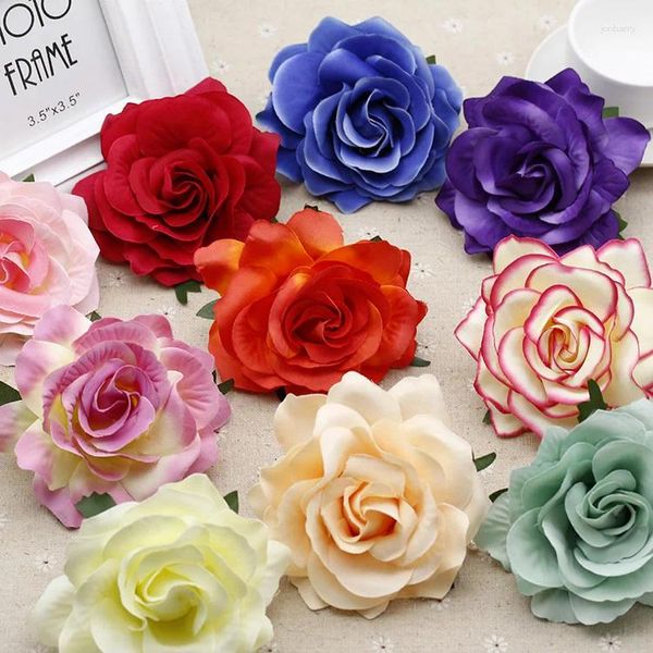 Flores decorativas Venta al por mayor 10 piezas 10 cm rosas florecientes de seda cabezas de flores artificiales para la decoración del coche de boda DIY corona nupcial hogar jardín