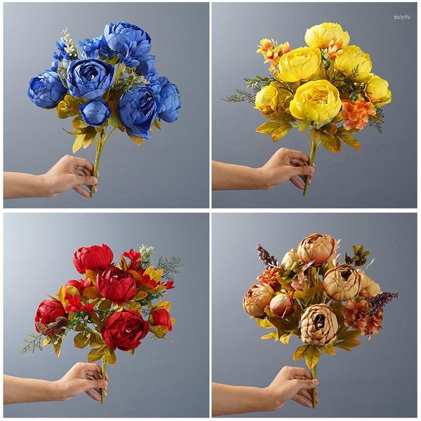 Fleurs décoratives en gros 13 têtes pivoine haut de gamme européen bouquet artificiel fleur de soie bractée noyau américain faux