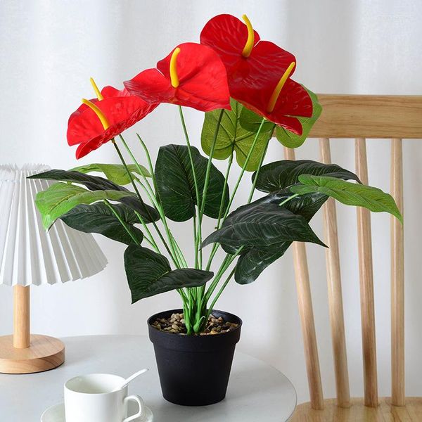 Fleurs décoratives en gros de 18 têtes de palmier rouge ameublement El décorations plantes artificielles simulées Anthurium vert