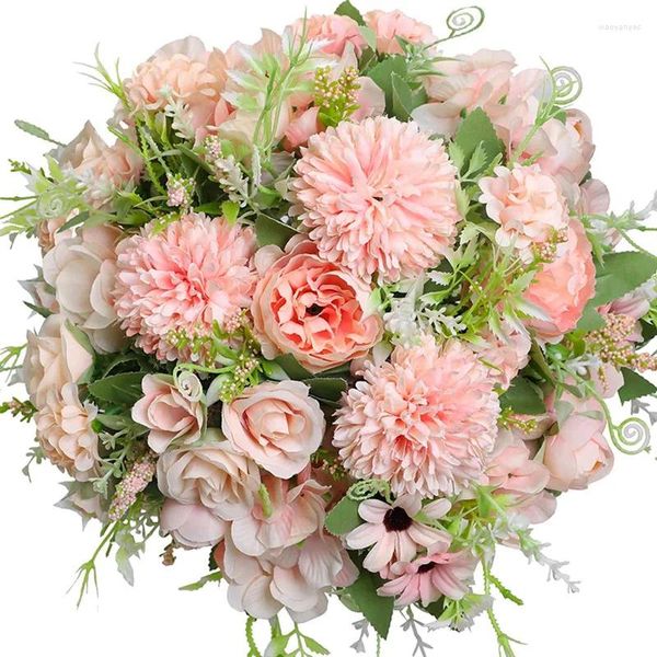 Flores decorativas Venta al por mayor Hortensia de seda Rosa Ramo artificial Peonías Flor para centros de mesa de novia de boda