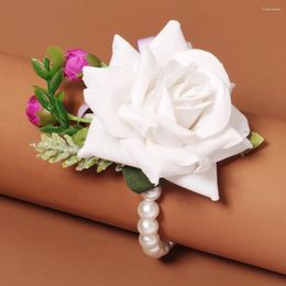 Fleurs décoratives de mariage en gros promant blanc rose rose artificielle de fleur de soie artificielle Bridesmaid Perle Chain Bracelet poignet Corsage pour le