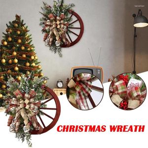 Fleurs décoratives Winter Farmhouse Wagon Wheel Wreaty 45 cm Porte de Noël Avant suspendu à la maison