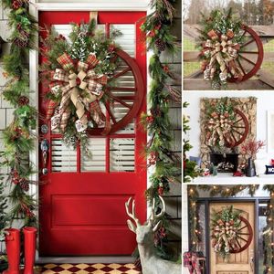 Fleurs d￩coratives Couronne d'hiver Red Wagon Wheel Farmhouses No￫l pour les vacances de porte d'entr￩e