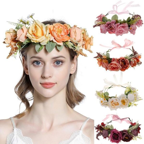 Flores decorativas mujeres boda Floral diadema estilo bohemio mujer pelo flor corona fiesta guirnalda playa Accesorios