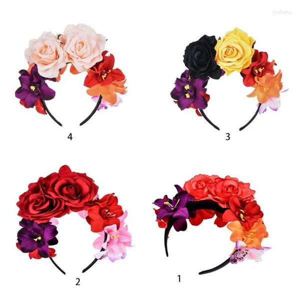 Dekorative Blumen Damen Mexikanische künstliche Rose Blumenkrone Stirnband Tag der Toten Halloween Kopfbedeckung Buntes gefälschtes Staubblatt Partyhaar