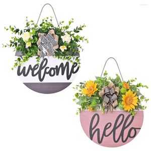 Decoratieve bloemen hout welkomstbord krans voor voordeur hangende groene bladeren bloemen kransen bruidspartij huis muur decor