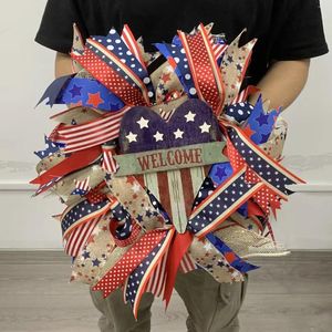 Fleurs décoratives couronne de porte en bois 1 pcs Fourth de juillet couronnes patriotiques américains arc de vacances Memorial Day fait à la main pour
