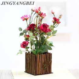 Decoratieve bloemen houten hek bonsai kunstmatige roos met vaasset potten nep bloem bureaublad planten home decoratie1