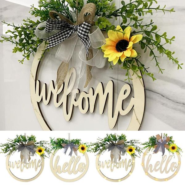 Fleurs décoratives porte d'entrée en bois pendaison guirlande avec lumière creux Simulation fleur porte signe mur pendentif artisanat décor à la maison pour