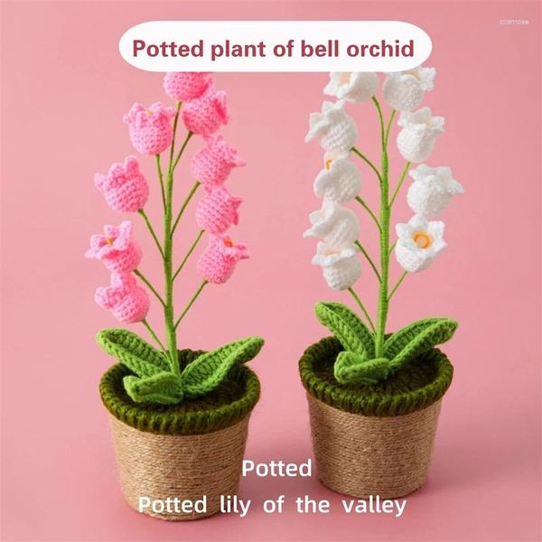 Fleurs décoratives laine au crochet au crochet de lys de hauteur d'orchidées en pot ornements verts ornements de thé décoration de thé rose blanc cadeau de fleur artificielle
