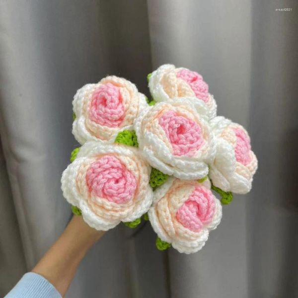 Flores decorativas de lana tejida, flor de punto, ramo de mano de ganchillo, boda para decoración de fiesta de novia, regalo hecho en casa