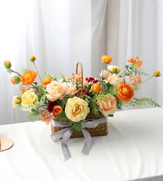 Flores decorativas, cesta de vid de flores tejidas, ramo de simulación, Picnic, seda, decoración de mesa para sala de estar, accesorios de pografía