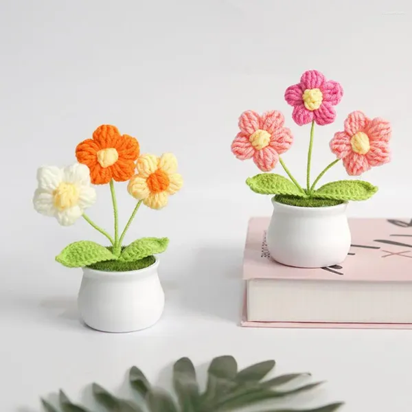 Fleurs décoratives tissées en pot, petite fleur crochetée à la main, fil réaliste, ornement de maison, décoration élégante