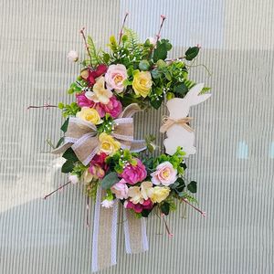 Couronne de fleurs décoratives en toile de jute, nœud en dentelle, feuilles artificielles de printemps, guirlande en rotin, décoration de porte d'entrée