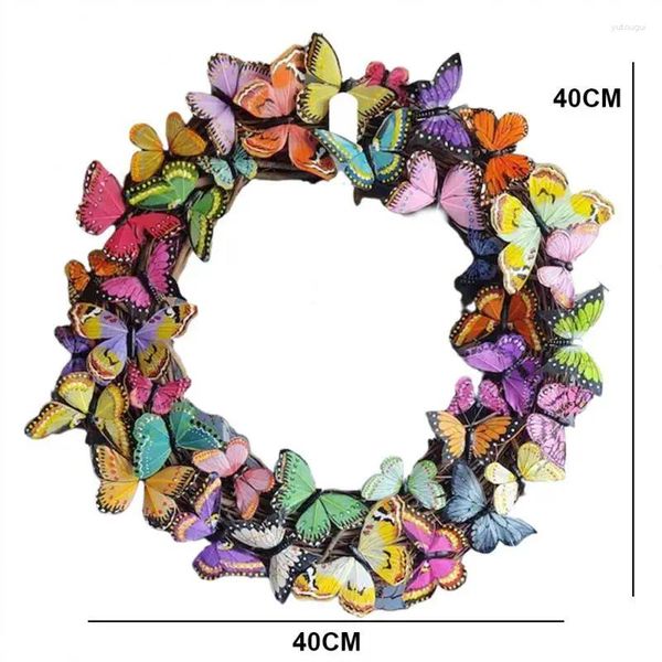 Guirnalda de flores decorativas, guirnalda de mariposas, decoración del hogar hecha a mano, arte colorido de primavera, adorno de puerta de ratán, hermosa simulación