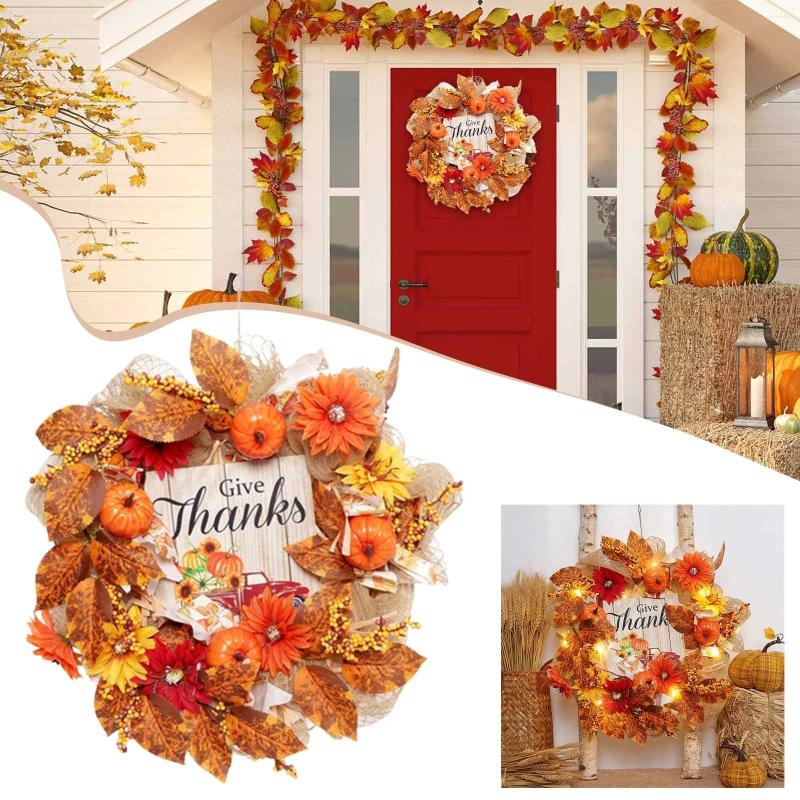 Couronne de fleurs décoratives pour mur chute porte d'entrée 17 pouces décoration de Thanksgiving avec tournesols de citrouille