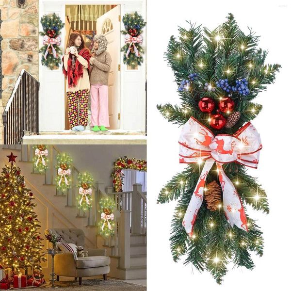 Corona de flores decorativas, adorno de escalera preiluminado inalámbrico, coronas de Navidad para puerta delantera, ventosas para ventana y pared de vacaciones