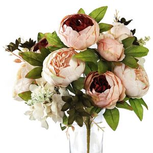 Decoratieve bloemen Kransen 1 boeket 13 koppen Rose Pink Peony Kunstmatig