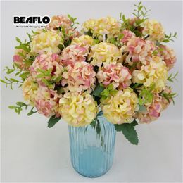 Fleurs décoratives couronnes 1 bouquet artificiel hydrtensia en soie fausse fleur de balle avec feuilles flores pour bricolage de jardin de maison décoration de mariage