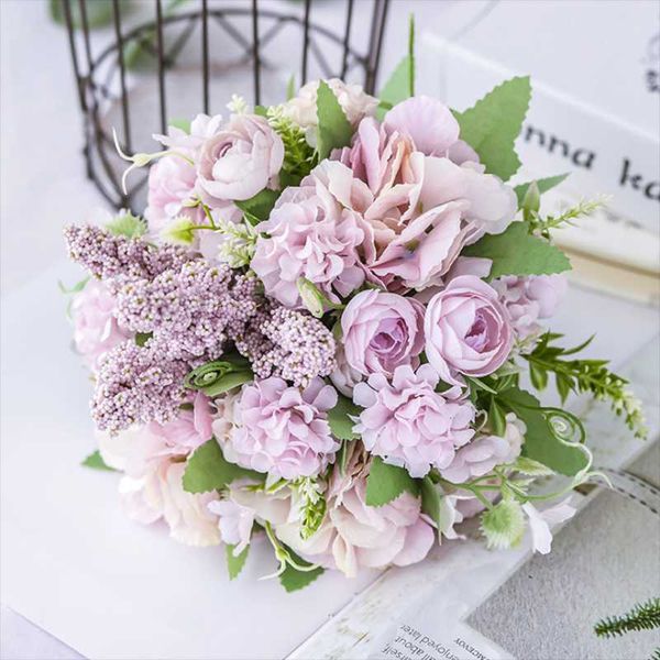 Couronnes de fleurs décoratives 1 bouquet de soie artificielle rose blé mariée fleur faux pissenlit hortensia pour la décoration de la maison de fête de mariage