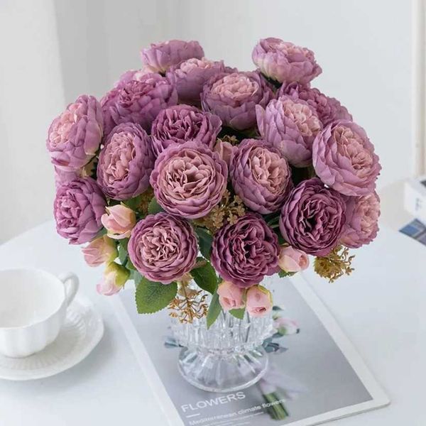 Fleurs décoratives couronnes 1 pc 5 têtes damasques fleurs artificielles de rose pour le salon du salon de Noël couronne de Noël de noël