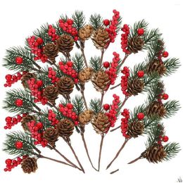 Decoratieve Bloemen Kransen 10/20/30 Stuks Kunstmatige Kerst Bessenboom Dennentakken Xmas Fake Picks Simatie Rode Navidad Drop leveren Otwnp