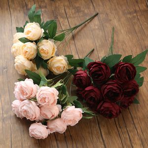 Couronnes de fleurs décoratives 10 têtes de roses bordeaux, bouquet de roses artificielles occidentales, décoration de mariage, 11 couleurs de pivoine, fausse simulation 221122