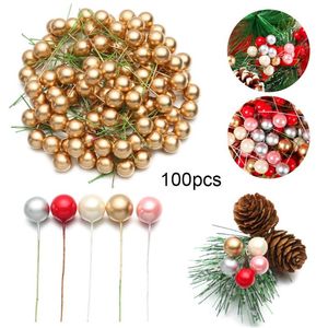 Guirnaldas de flores decorativas 100 piezas Caja de regalo de bricolaje Burbuja de Navidad Mini bayas rojas falsas Estambres de cono de pino artificial Flor de perla de fruta de cereza