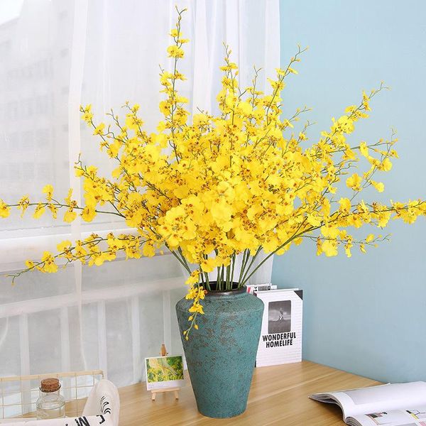 Flores decorativas Guirnaldas 105 cm Largo Amarillo Oncidium Flor artificial 5 Tenedor Seda Bailando Orquídea Falso DIY Boda Fiesta en casa Festival De