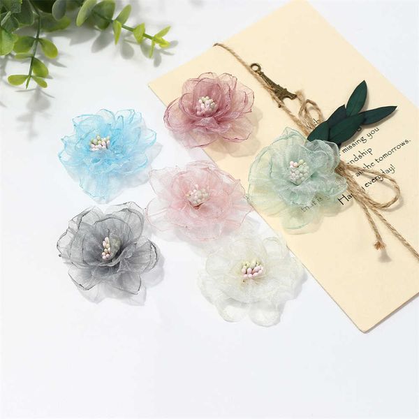 Couronnes de fleurs décoratives 10 pièces en mousseline de soie cheveux artificiels fleurs vêtements faisant des accessoires de cheveux pour bouquet de mariage artisanat maison bricolage décorations T230217