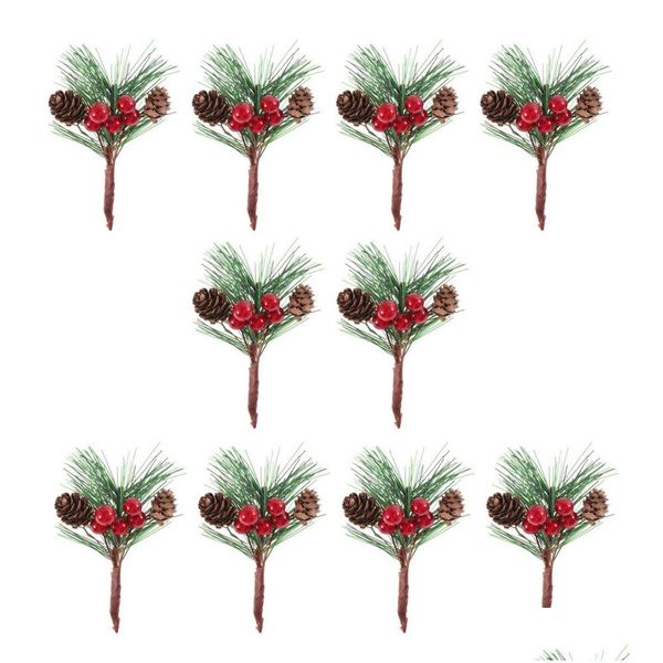 Couronnes De Fleurs Décoratives 10 Pcs Mini Simation De Noël Faux Pics De Pin Tiges Artificielle Créative Aiguille Berry Plante Pour Noël Par Dh0V4