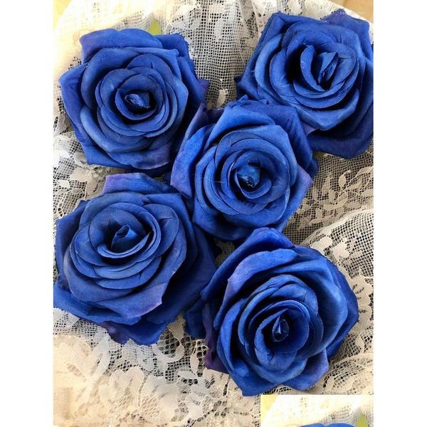 Flores decorativas Coronas de flores 10pcs Royal Blue Artificial Rose Head Silk Flower Flower Feal Fe para Bode Bouquet Decoración del hogar Draat
