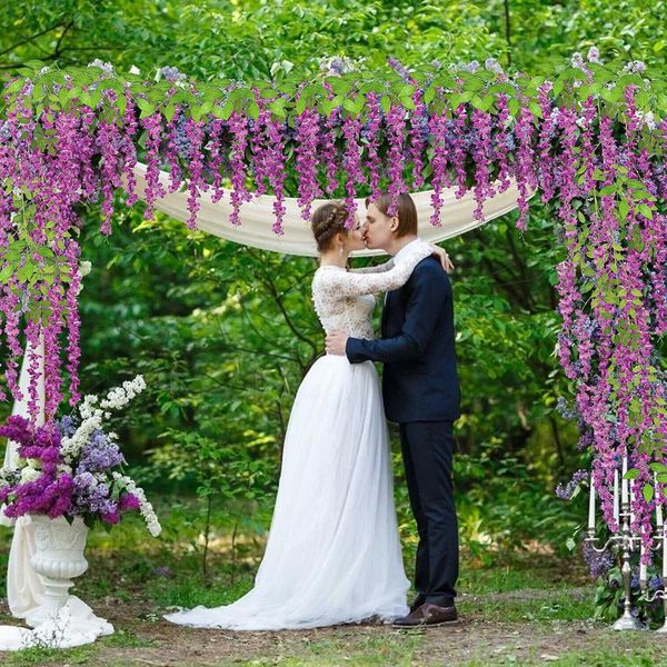 Fleurs décoratives couronnes 110cm wisteria vigne fleurs artificielles en gros de fausse filet de fleur pour la fête de mariage décor de la maison en soie wisteria guirland