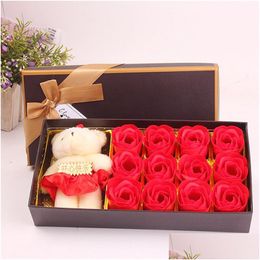 Decoratieve bloemen kransen 12 pc's Soap Rose Gift Box Romantisch kunstmatig met schattige beer speelgoed Valentijnsdag Flower Drop levering ho dh49m