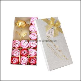 Fleurs décoratives couronnes 12 savon feuille en or rose fausse fleur de fleur avec boîte d'emballage en forme carrée box-cadeaux de mariage fête de mariage sup otouo