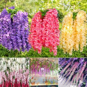 Flores decorativas Guirnaldas 12 Unids Artificial Wisteria Vine Garland Plantas Decoración de la boda Ivy Wall Fake Plant Rattan Garden Decoración para el hogar