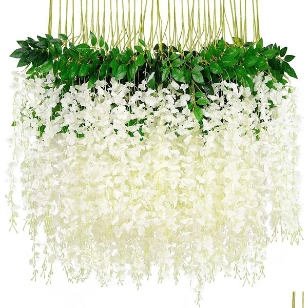 Couronnes de fleurs décoratives 12 pièces ensemble de vigne de glycine fausse fleur fleurs suspendues artificielles pour la maison jardin mariage anniversaire noël Dhmb1