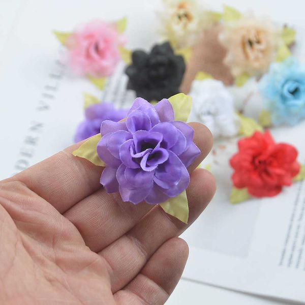 Couronnes de fleurs décoratives 15 pièces 4 cm à la main mini soie artificielle rose fleurs têtes avec feuilles bricolage scrapbooking fleur baiser boule pour mariage décoratif T230217