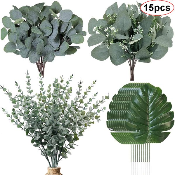 Guirlandes de fleurs décoratives 15PCS Eucalyptus artificiel Laisser des tiges de verdure avec du givre pour Vase Home Party Wedding Decoration Outdoor DIY Flower Wall Decor 230522