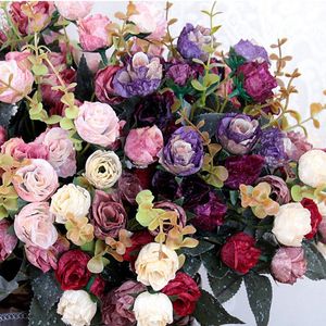 Decoratieve bloemen kransen 1 st 21 koppen kunstmatige nepbloemsimulatie kleine roos posy bureaublad huwelijksartikelen woning decoratie zijde
