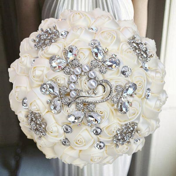 Couronnes de fleurs décoratives 1 pc/lot Bouquet de mariée en ruban ivoire avec diamant pour la décoration