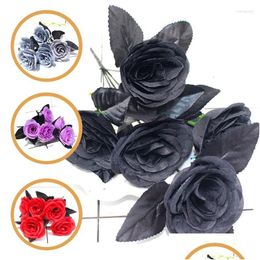 Fleurs décoratives couronnes 1pcs Halloween Politique de rose noire plantes artificielles bouquet pour la fête de mariage bricolage Famille de Noël Dhuw4